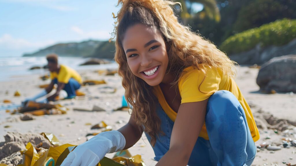 Woman smiling while cleaning up trash on beach